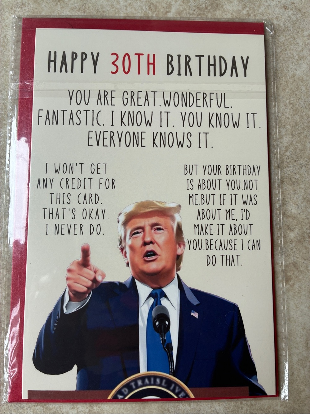 30th Birthday Greeting Card Blank inside with envelope Trump